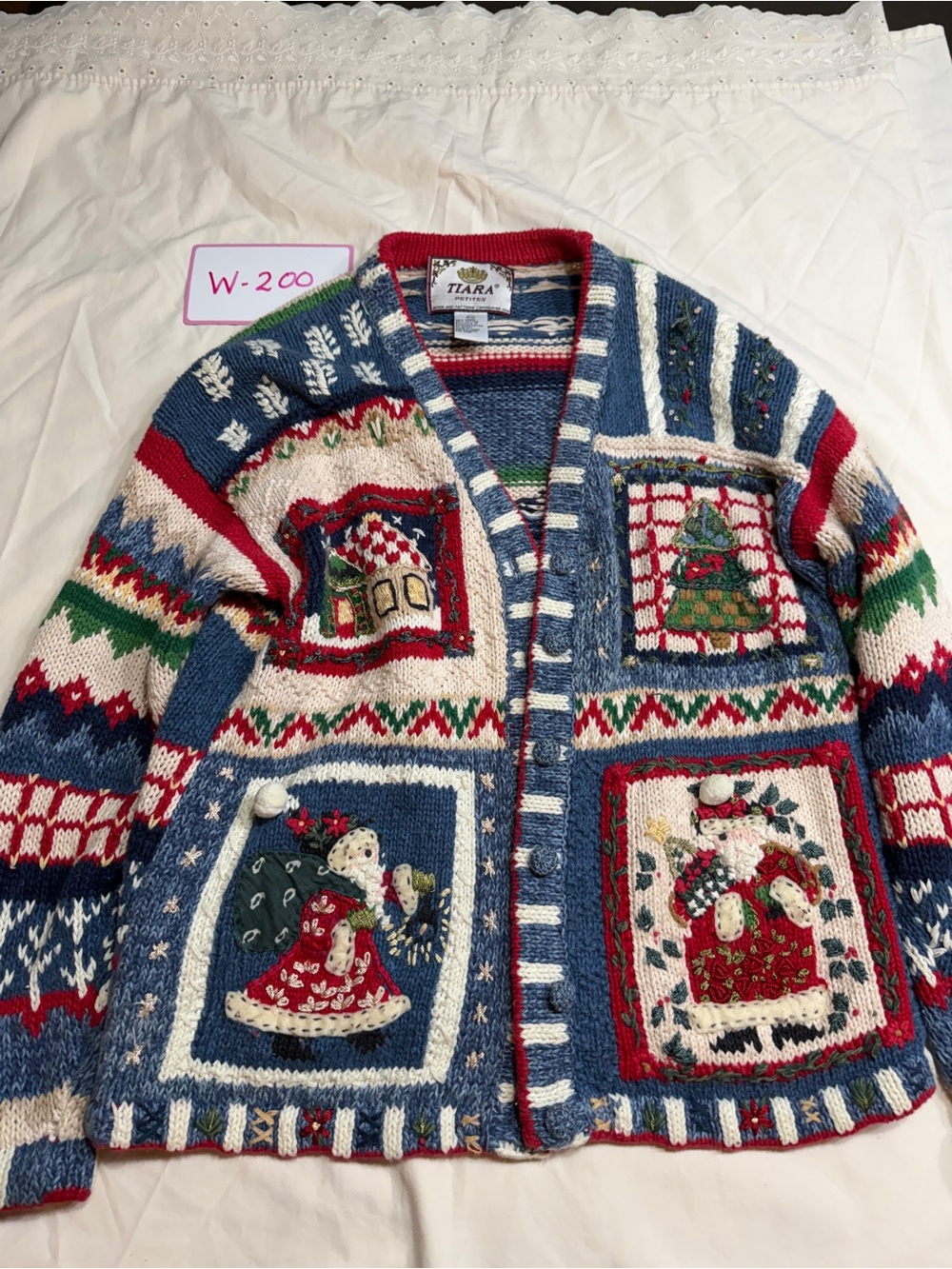 Tiara Blue & Red Holiday Patchwork Knit Cardigan